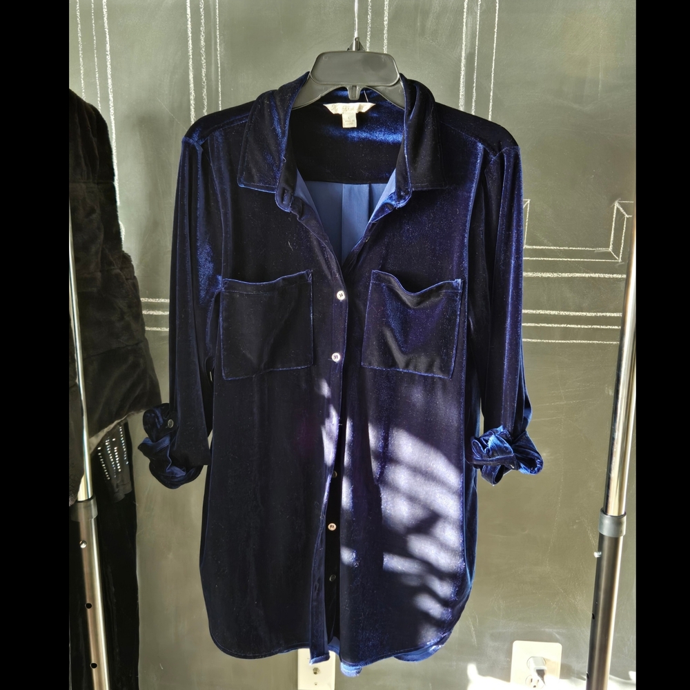 Luxurious Velvet Button Down Shirt in Deep Blue